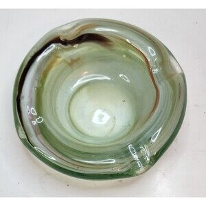 Vtg Blown Glass Ashtray Trinket Dish Green Brown Swirl MCM Retro Bar Artisan